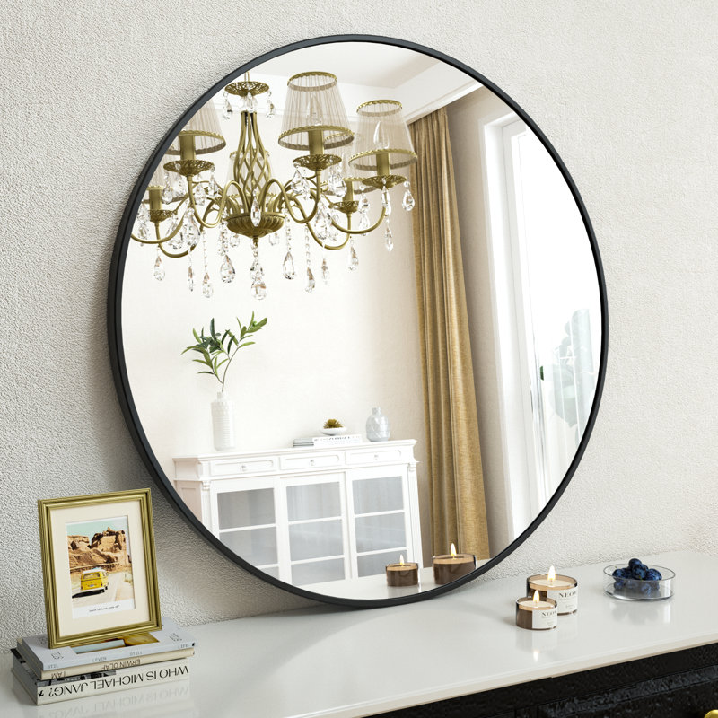 Gehard Round Metal Framed Mirror , Black, 18" x 18"