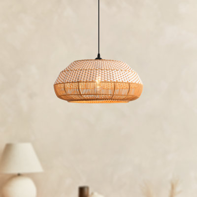 19" Boho Handwoven Rattan Pendant Light, Coastal Dome Shaped Rattan Hanging Light