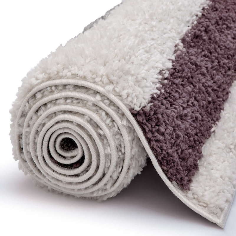 Moodi Modern Shaggy Area Rug Geometric Border Design, Off-White Grey/Purple, Rectangle 200 x 290 cm