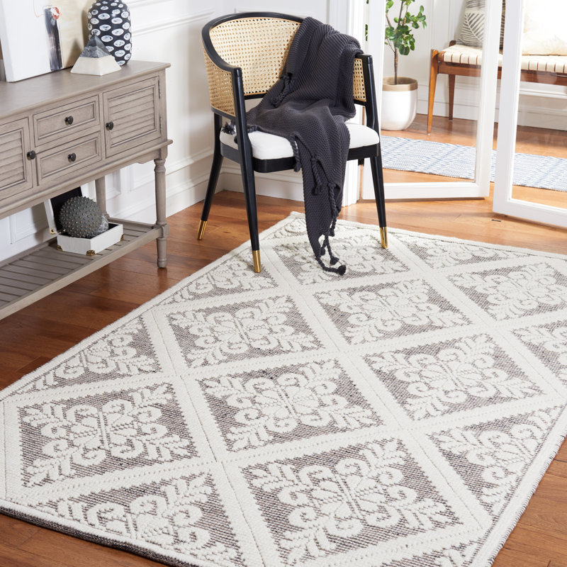 Tapis ivoire / brun en laine tissé à la main Damask, Rectangle 8 pi x 10 pi