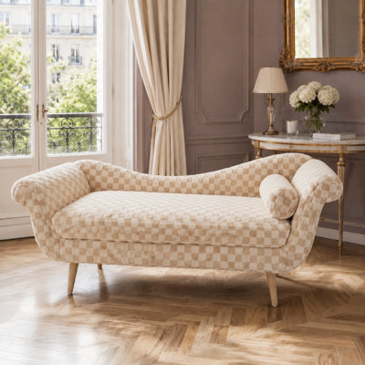 Classic Scroll Arm Chaise Lounge with Diamond Pattern Plush Upholstery for Living Room Bedroom and Reading Corner