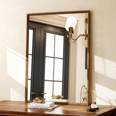 Walnut Wood Grain Framed Rectangle Bathroom Mirror, Wall Mounted Vanity Mirror with 4 MM Tempered Glass
