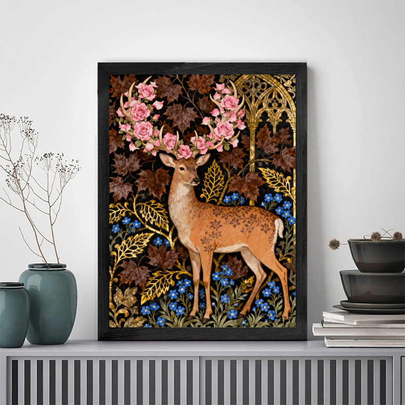 Art mural rétro noir avec encadrement noir William Morris, cerf blanc, H 11 po x l 9 po
