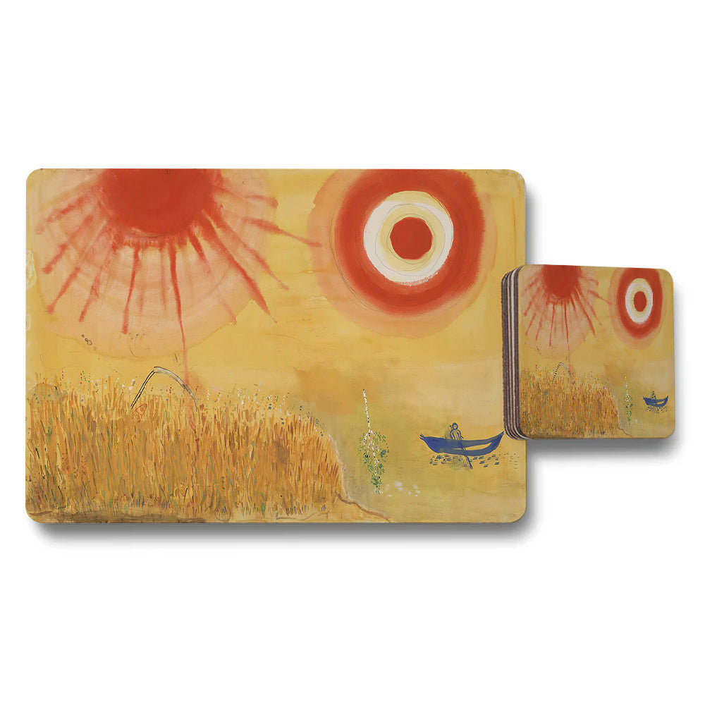 Abstract Sun Artwork Placemats and Coaster Set With Bold Yellow Tones