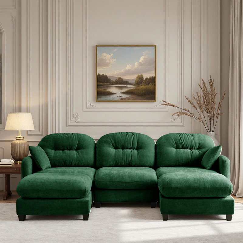 Canapé modulaire en U avec repose-pieds et canapé en chenille, Chenille verte
