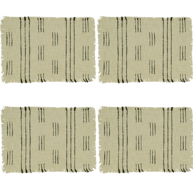 Ivory Dash Line Fabric Oblong Table Placemats, 23" x 19" Set of 4
