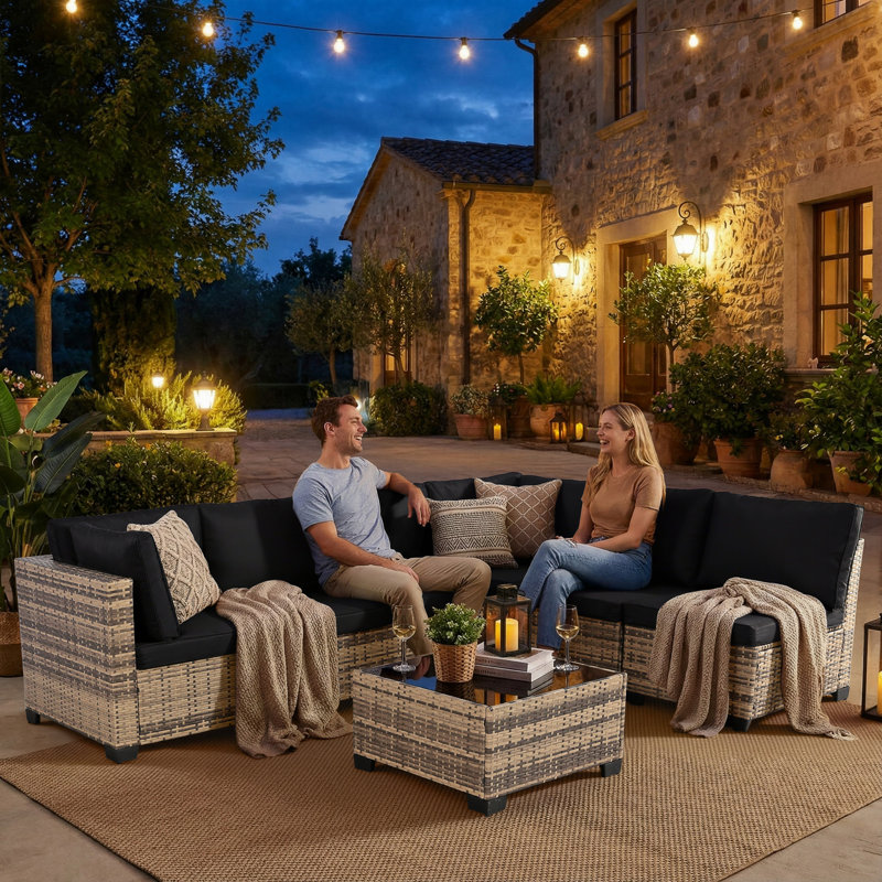 7-Piece Rattan Outdoor Sectional Seating Group with Cushions, Black, Brown