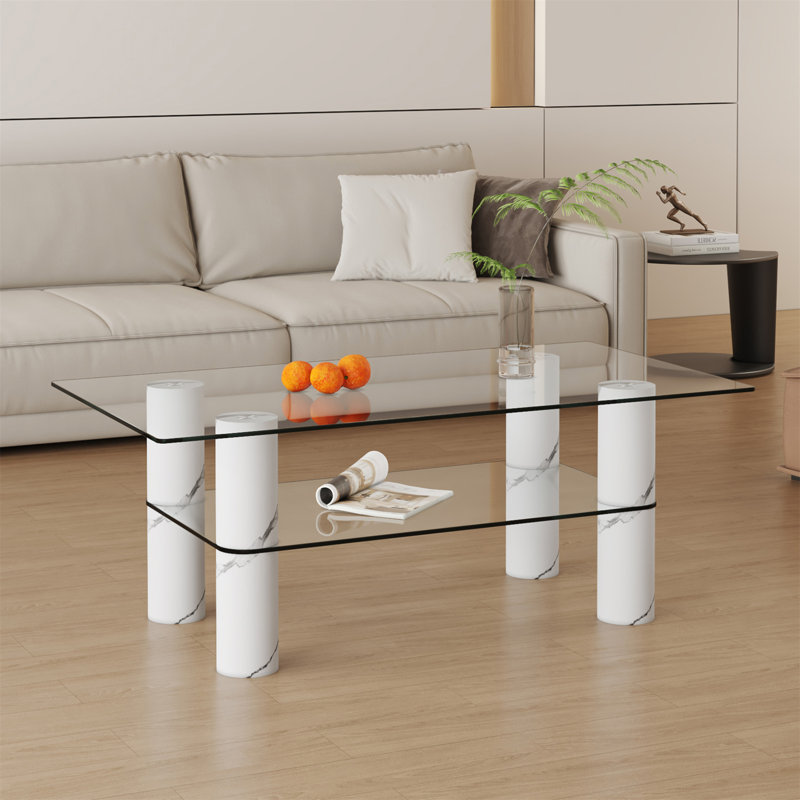 Minimalist Double-Layered Transparent Tempered Glass Computer Desk With Decorative Columns For Versatile Use