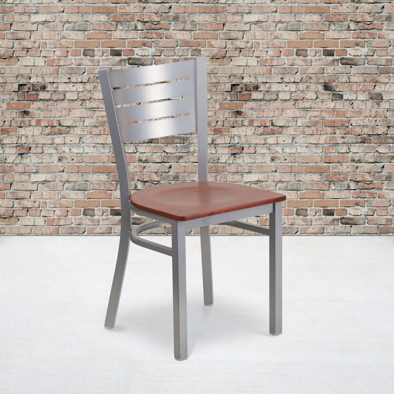 Alvera Silver Slat Back Metal Restaurant Chair with Wood Seat, Cherry