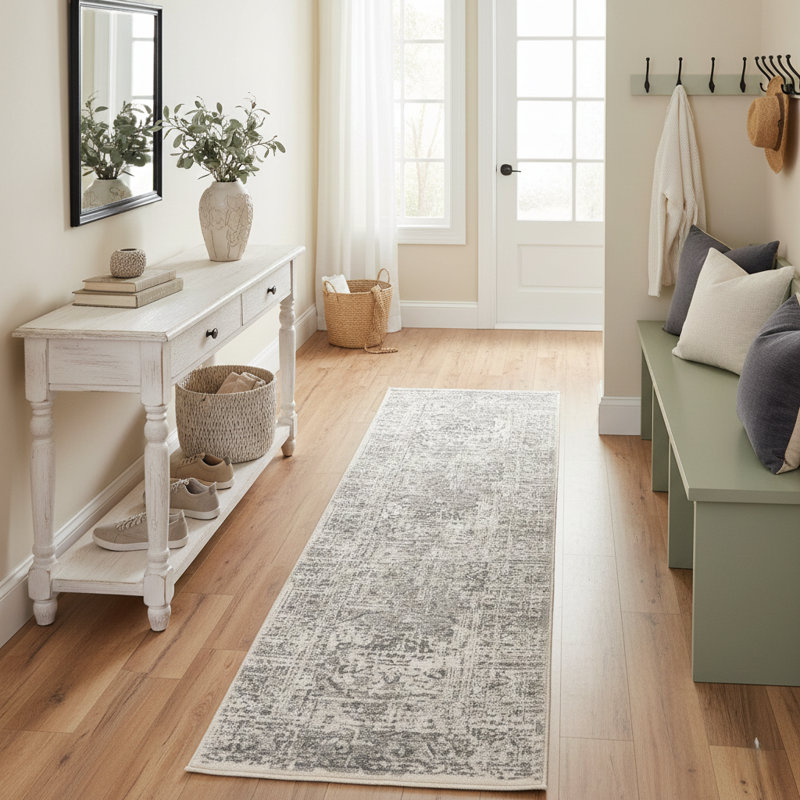 Tapis traditionnel gris / beige Traditional, Tapis de couloir 2 pi 7 po x 10 pi