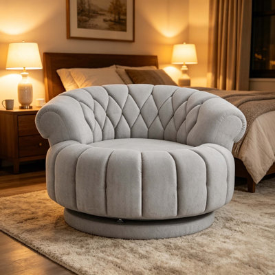 360° Swivel Barrel Accent Chair, Tufted Chenille Round Club Chair for Living Room and Bedroom