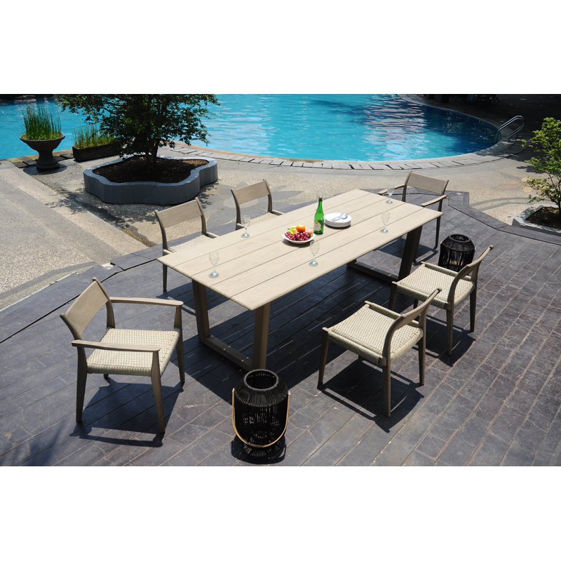 6 Seats 7 Pcs Grade-A Weathered Teak Wood Dining Set: 98" Sema Rectangle Table  And 6 Amilo Stacking Chairs (2 Arm & 4 Armless Chairs) #11AM3302