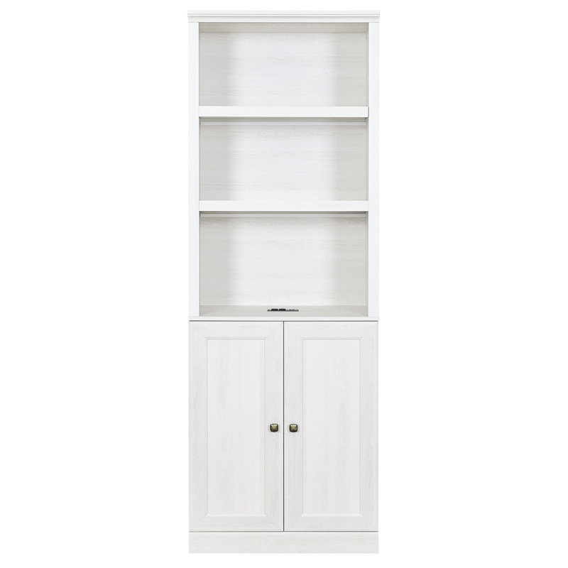 Bibliothèque à 3 tablettes ouvertes avec port et 1 porte en blanc rustique pour espace de rangement supplémentaire