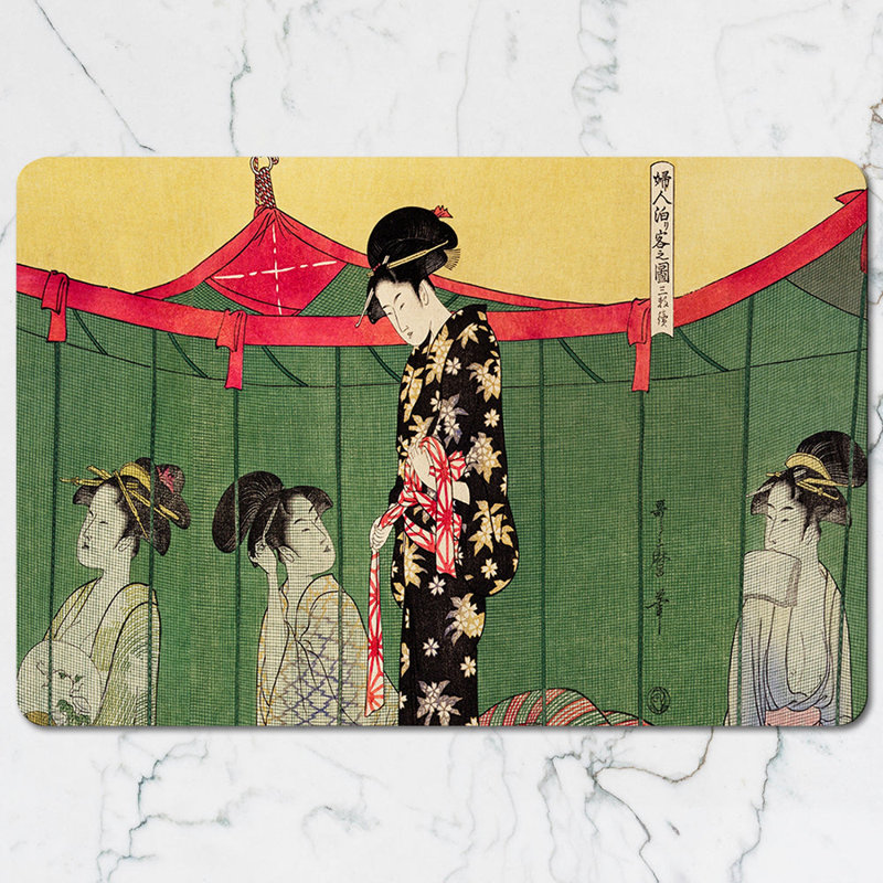 Japanese Ukiyoe Style Placemat and Coaster Set With Geisha in Kimono