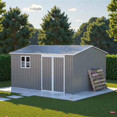 Remise de rangement extérieure 12 x 10 pi en métal, grande remise à outils de jardin pour l'extérieur avec portes verrouillables, bâtiment de rangement utilitaire en acier imperméable, remise d'équipement robuste pour la cour arrière