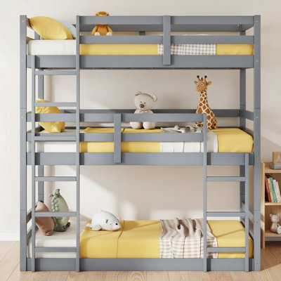 Twin Over Twin Over Twin Triple Bunk Bed, Rubber Wood Frame With 2 Built-in Ladders & Guardrails, Detachable Design