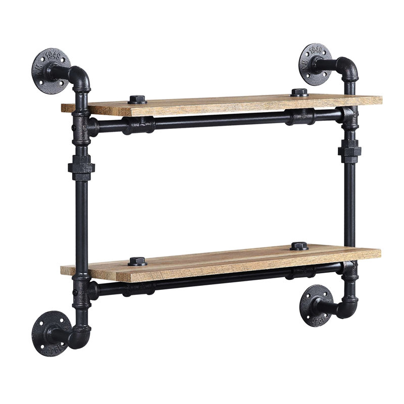 2 Tier Wall Shelving, Oak And Sandy Black, Metal Frame, Water Pipe Style, 9"W Shelf, 12" For Office Decor Display Style Finish, Metal, Gap Home Storage