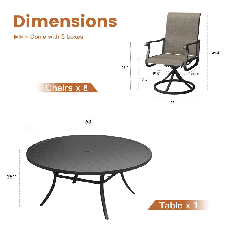 Orlando 8-Person Patio Dining Set with 63" Round Dining Table and 8 Swivel PVC-coated polyester Chairs, Black/Brown