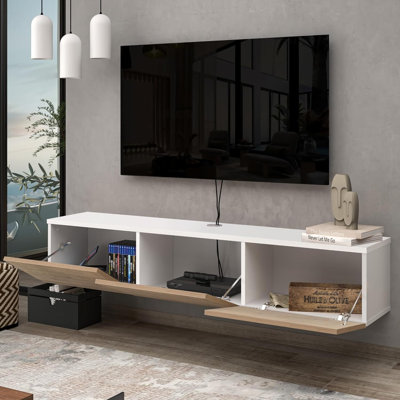  63 in. W White Finish Rectangle Wall Mounted and Floating Entertainment Center with Wood Shelves;Cabinets