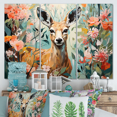 Fleurs de cerf roses et vertes - Art mural animal cerf