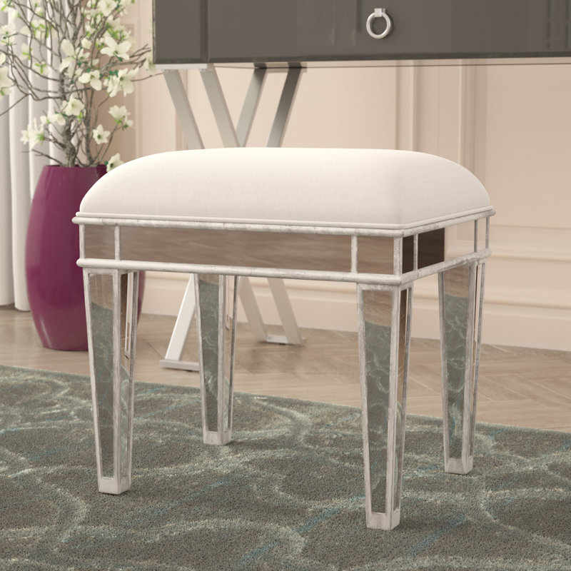 Bardwell Mirrored Upholstered Vanity Stool, Silver