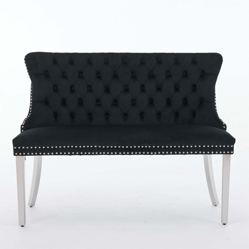 Banc double en velours de conception moderne Mid-Century avec capitonnage fait à la main et pieds en acier inoxydable brossé