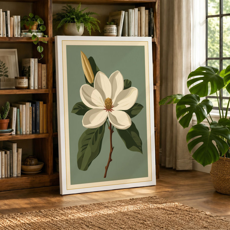 Magnolia in Bloom Botanical - Wrapped Canvas, 30x20 - 76.2 x 50.8 cm, Cream Border
