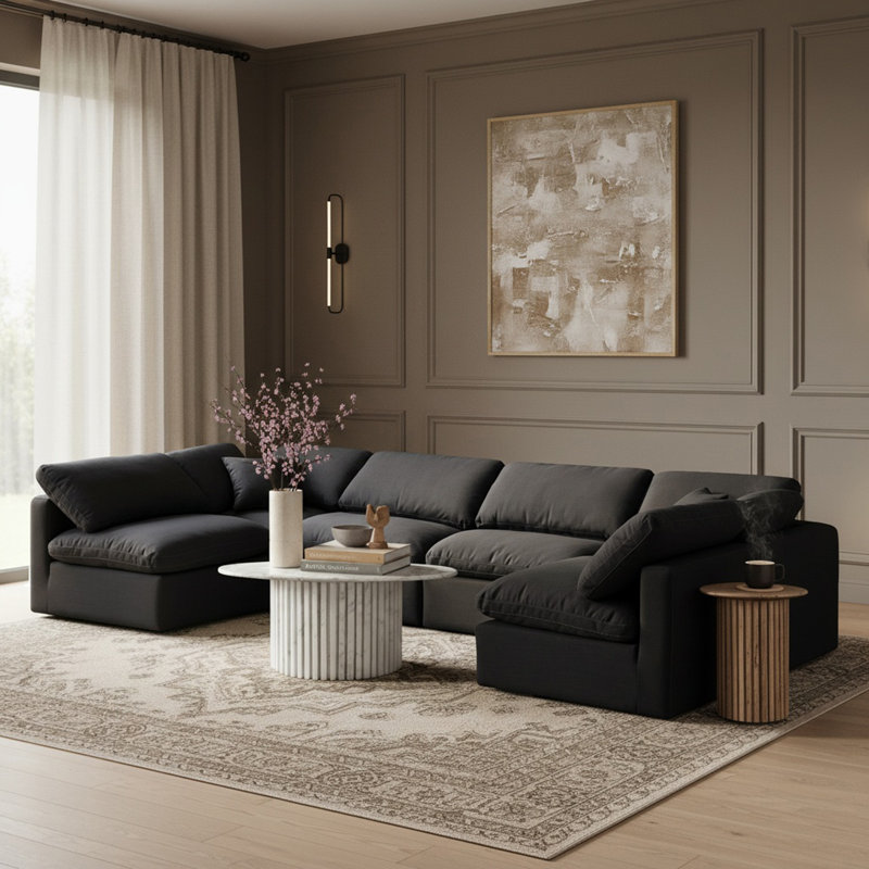 Canapé modulaire de coin rembourré 6 pièces Itala, Tissu texturé en lin noir