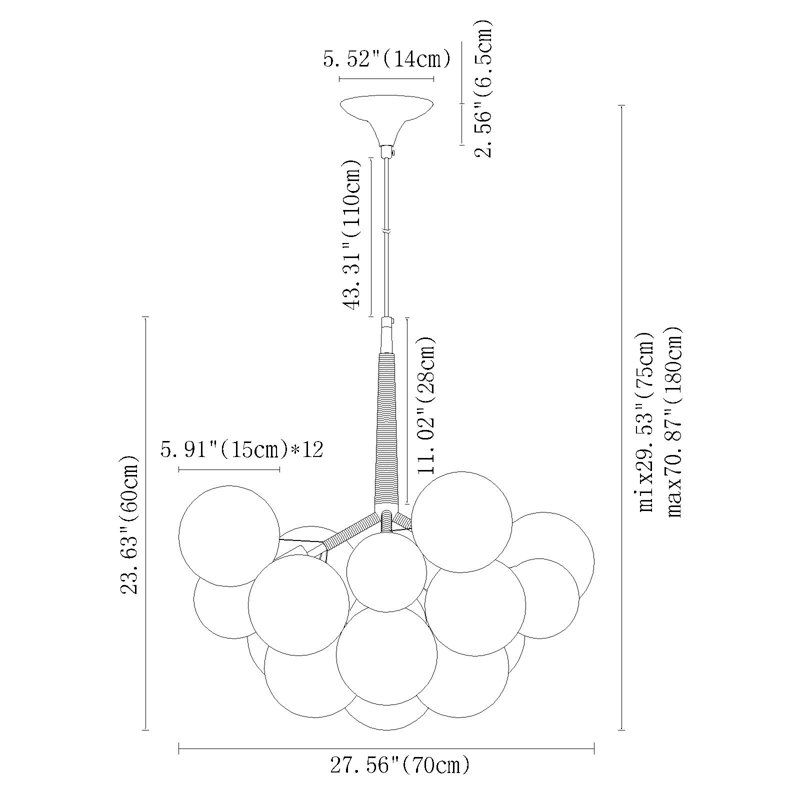 Lustre élégant avec 4 lumières et 20 globes de verre