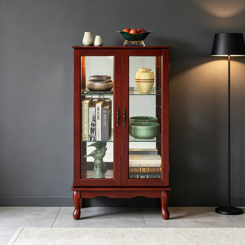 Curio Cabineted Curio Diapaly Cabinet With Adjustable Shelves And Mirrored Back Panel, Tempered Glass Doors (3 Tier), (E26 Bulb Not Included)