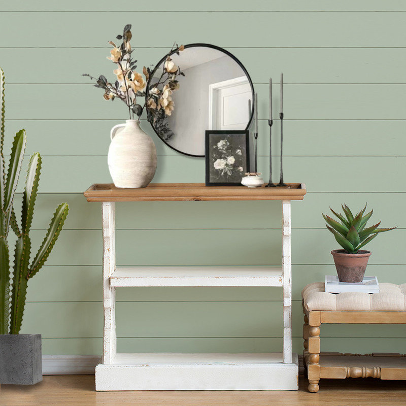 35.4" Farmhouse Wooden Console Table with Top Shelf Tray and Hollow out pattern，French Country Console Table