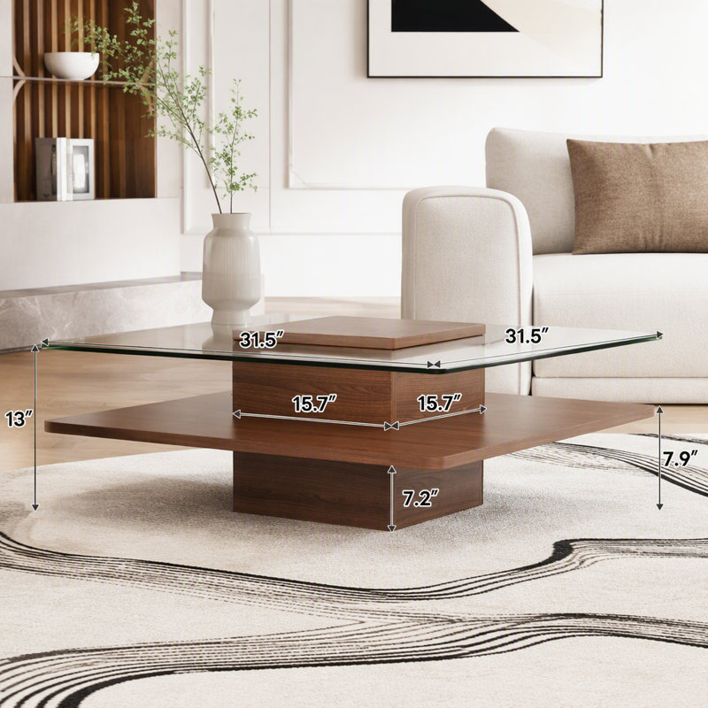 Table basse carrée en verre avec tablette de rangement, Noyer