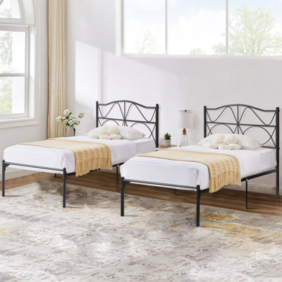 Chelby Set of 2 Twin Size Bed Frame Metal Platform Bed with Curved Design Headboard Strong Slats Support