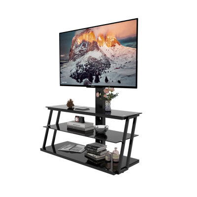 Meuble télé de coin pivotant avec 3 tablettes, meuble télé de plancher réglable pour 32 à 70 po, meuble télé universel robuste avec verre trempé et gestion des câbles pour le salon