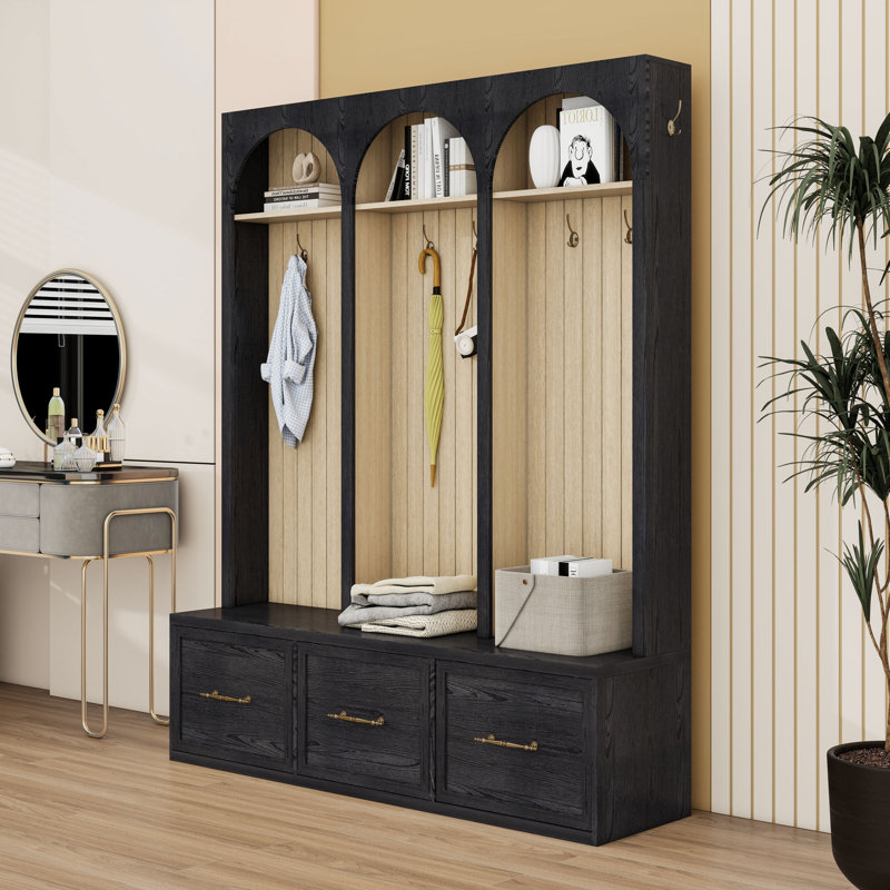 Wood Hall Tree with Entryway Bench, Coat Rack, 8 Hooks and 3 Drawers, Black