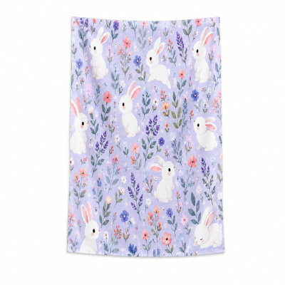 1Pcs Cute Bunny Floral Beach Towel, featuring adorable white rabbits amidst a vibrant and lavender pattern on soft purple background. Large microfiber, ideal for outings, pool parties, travel, unisex.