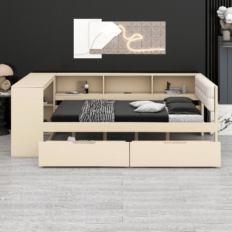 Lit plateforme double en bois avec tête de lit tapissier, tablettes, tiroirs et station de charge, Complet/Double