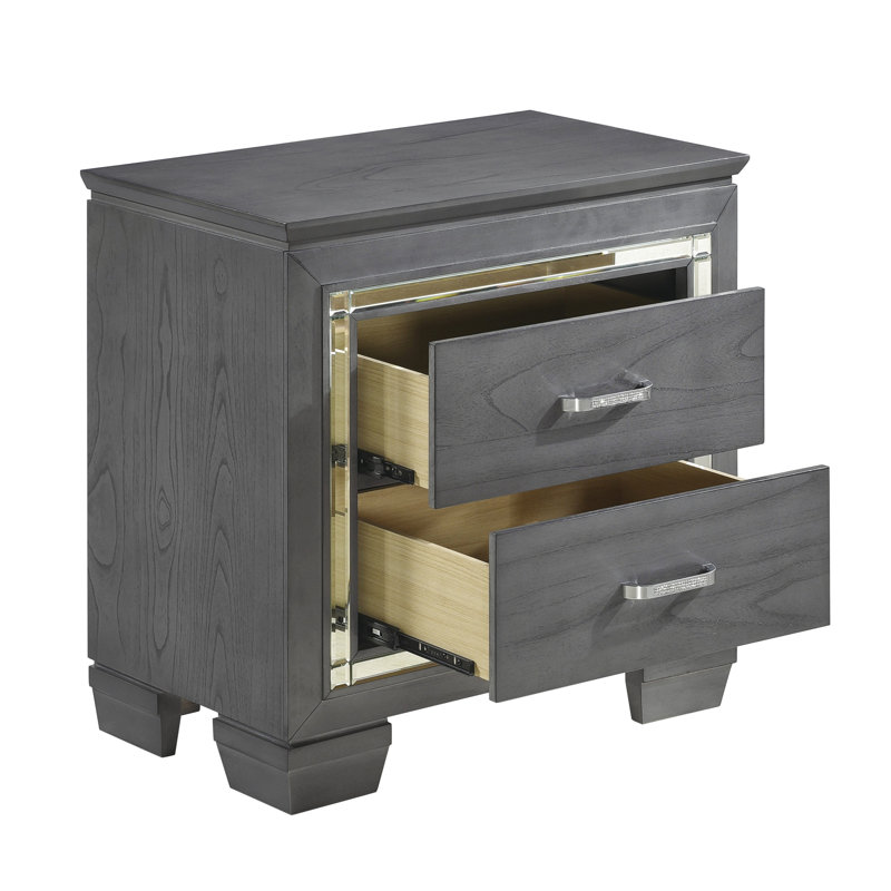 Table de chevet glamour avec 2 tiroirs, cristaux à DEL et faux cristaux pour un éclairage et un charme chic, Gris