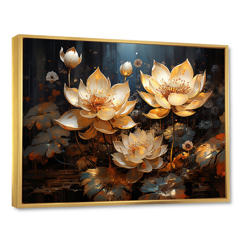 Golden Lotus Tranquility III sur toile, Cadre flottant doré, H 34 po x l 44 po x P 1,5 po