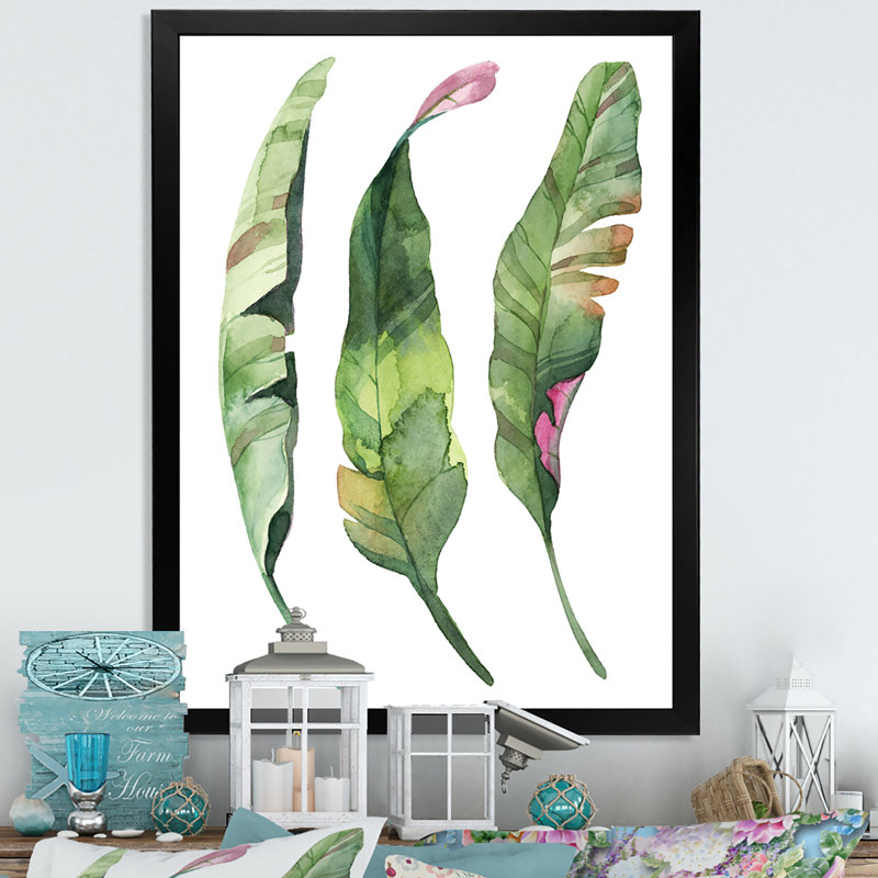 Ensemble de feuilles tropicales vertes - œuvre d'art traditionnelle sur toile, H 20 po x l 12 po x P 1 po, Cadre photo noir