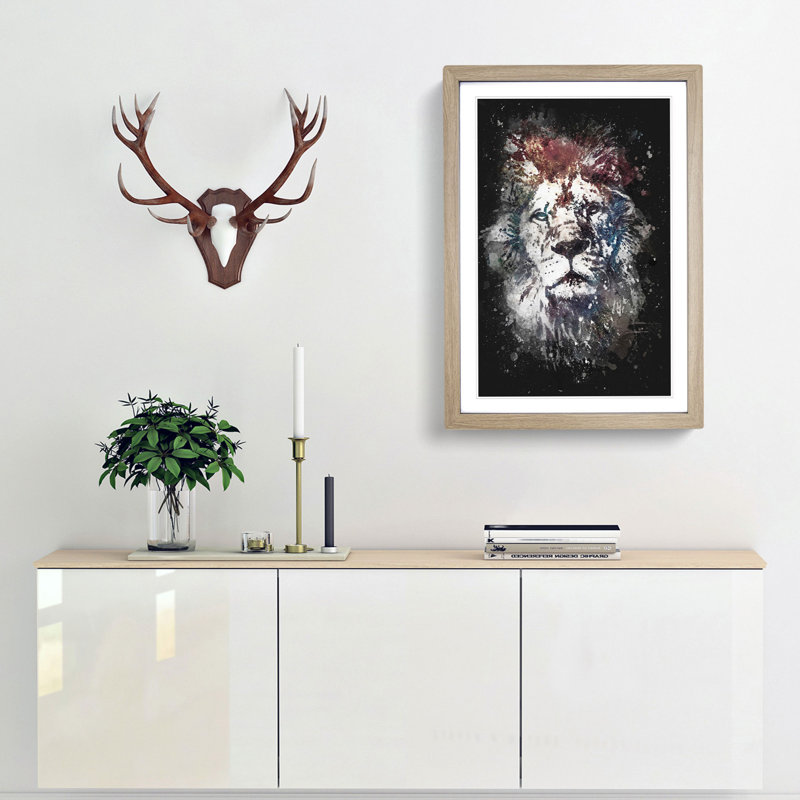 Lion Abstract Paint Splash - Picture Frame Graphic Art, 87cm H x 62cm W x 2cm D, Oak Framed