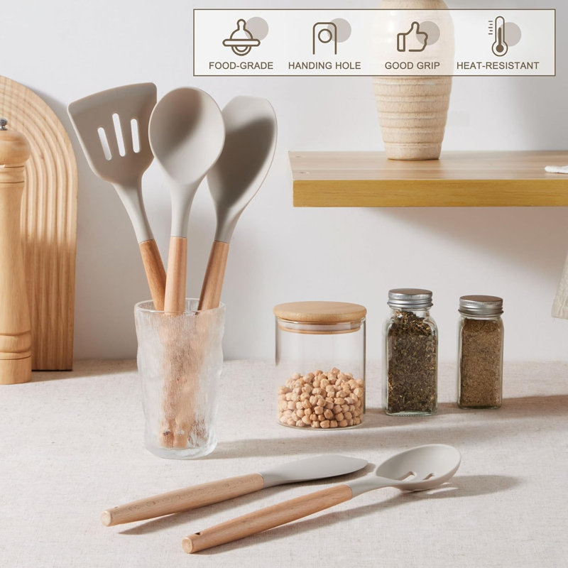 Ensemble d'ustensiles de cuisine en silicone, ensemble de 10 ustensiles de cuisine résistants à la chaleur avec poignée en bois