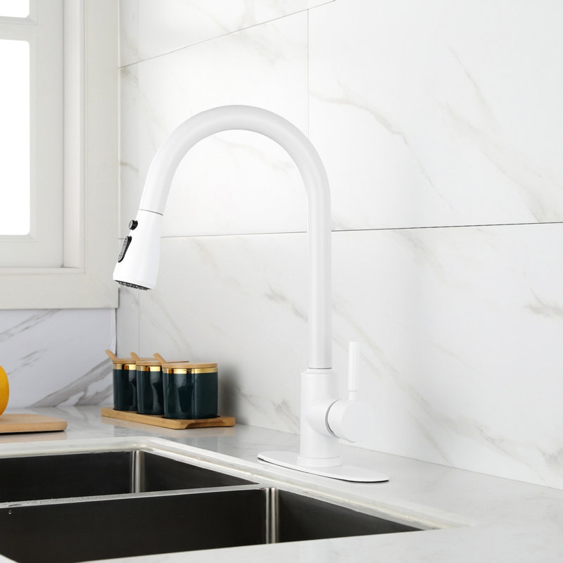 Robinet de cuisine en acier inoxydable blanc, douchette extractible pour plus de commodité, buse rotative à 360 °, deux réglages de débit d'eau, fonctionnement simple et facile avec jet blanc, conception moderne,