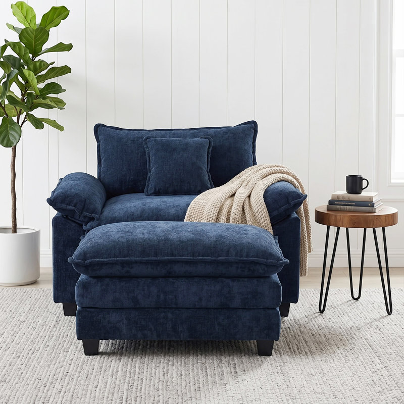 Chenille Oversized Chair With Ottoman - 40" W Comfy Accent Chair, Single Sofa Chair, Large Upholster, Black