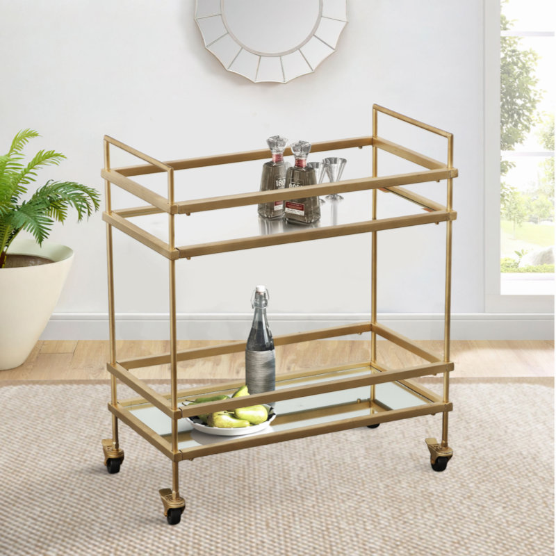 Florentin Elegantly Charmed Bar Cart with 2 Mirrored Shelves, Gold