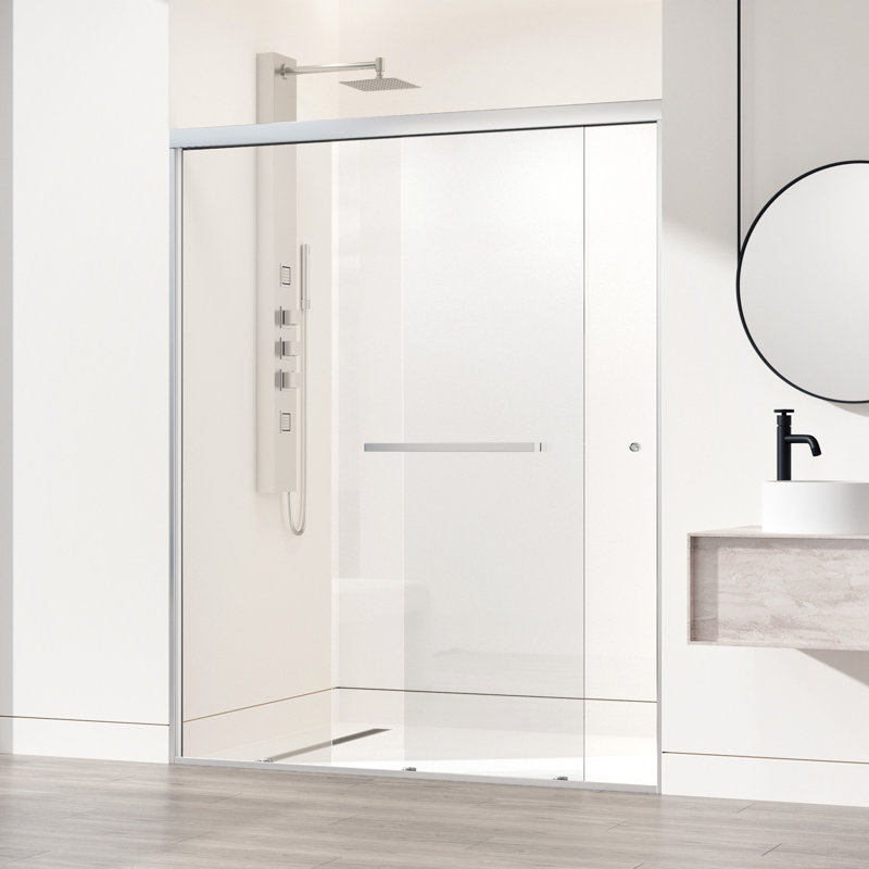 Porte coulissante double encadrée en chrome avec verre transparent Satro l 56 à 60 po x H 74 po, Chrome chrome
