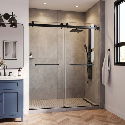 Porte de douche coulissante sans cadre avec film incassable avec verre trempé de 3/8 po (10 mm) et roulettes silencieuses