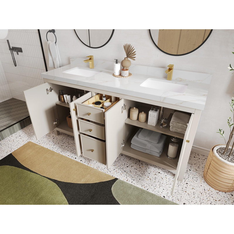Meuble-lavabo double 72 po avec plateau Chicago, Or Calacatta