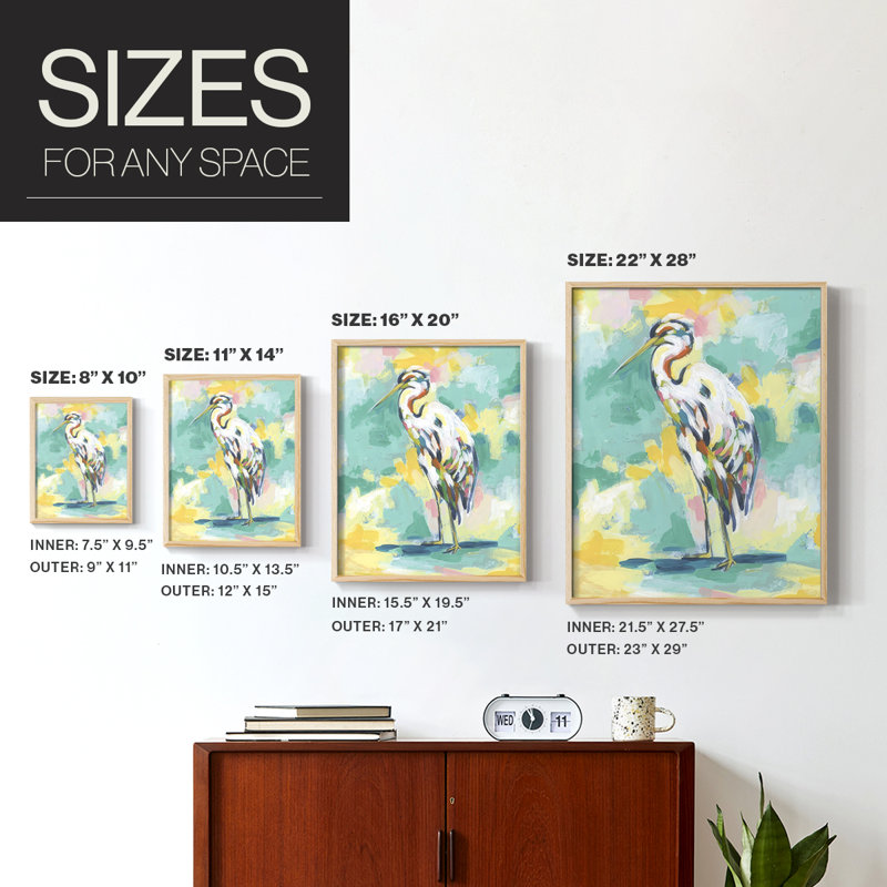 Bright Heron Fresco II, reproduction encadrée - bois massif, Naturel, 11" H x 9" W