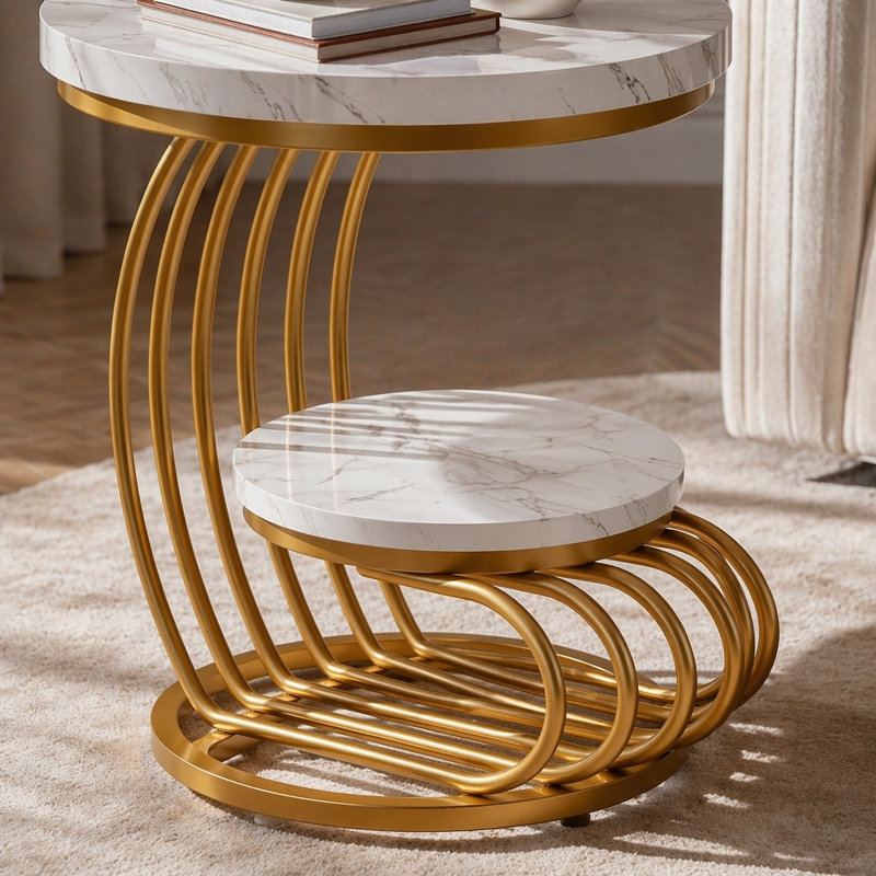 Table de bout ronde 19,68 "moderne avec rangement à 2 niveaux - Faux marbre blanc et table d'appoint dorée, petite table d'appoint moderne ou table de chevet avec structure en arc en métal pour le salon et la chambre à coucher